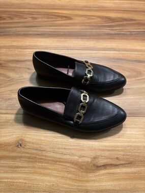 H&M Black Faux Leather Loafers with Gold Link Trim